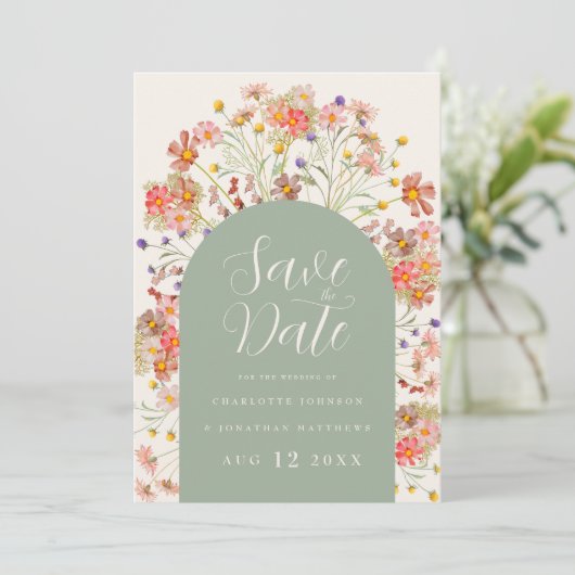 Boho bloemboog fotohuwelijk save the date (Staand voorkant)