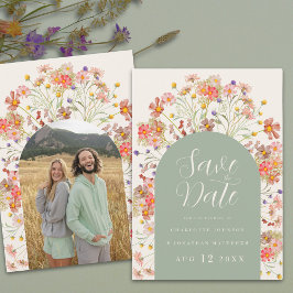Boho bloemboog fotohuwelijk save the date