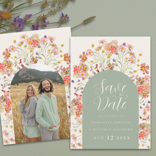 Boho bloemboog fotohuwelijk save the date