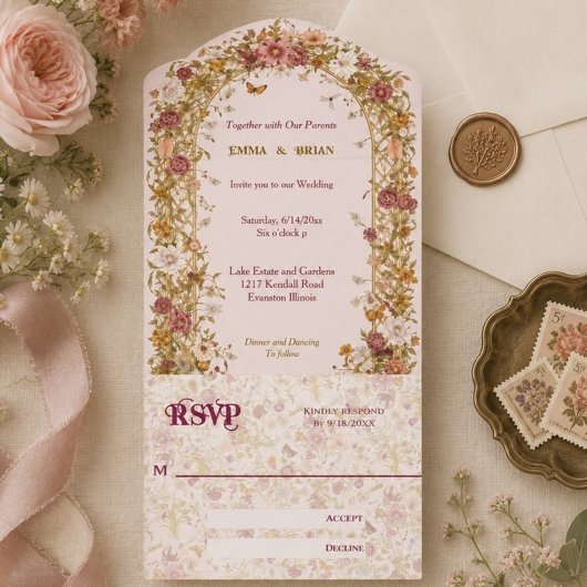 Boho bloemboog romantische trouw Boho All In One Uitnodiging