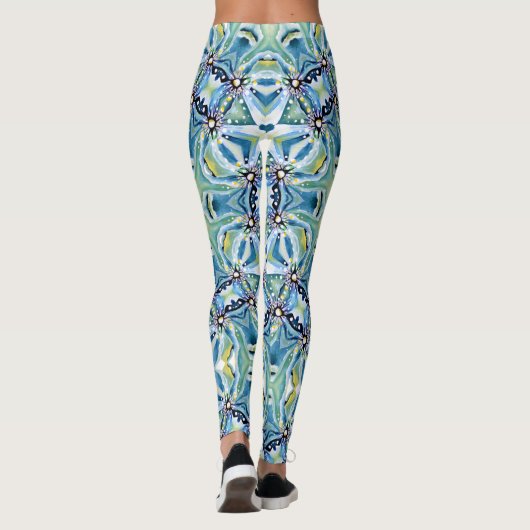 Boho Bloemen Abstract Patroon Artistiek Blauw Groe Leggings (Achterkant)