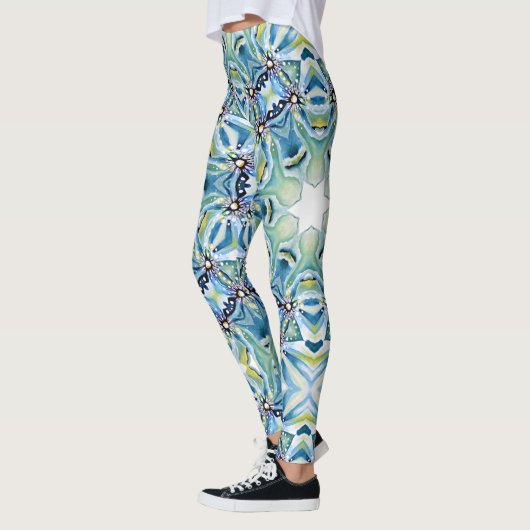 Boho Bloemen Abstract Patroon Artistiek Blauw Groe Leggings (Links)