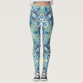 Boho Bloemen Abstract Patroon Artistiek Blauw Groe Leggings (Voorkant)