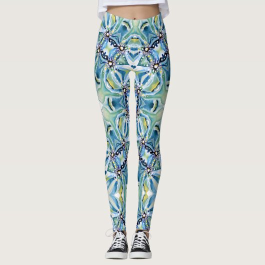 Boho Bloemen Abstract Patroon Artistiek Blauw Groe Leggings (Voorkant)