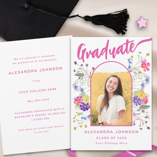 Boho Bloemen Afstudeerfoto Boog Roze Script Aankondiging