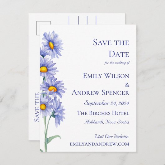 Boho Bloemen Aquarel Blauwe Aster Save the Date Uitnodiging Briefkaart (Voorkant / Achterkant)