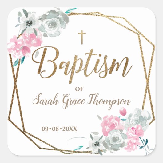 Boho bloemen Baby meisjesnaam gouden kruis doop Vierkante Sticker (Voorkant)