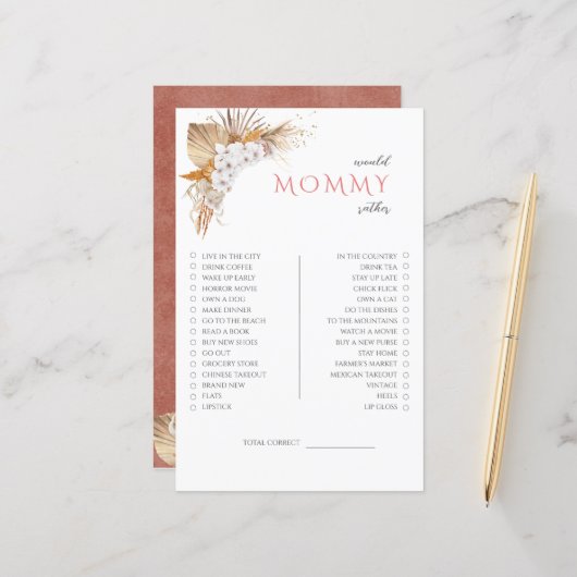 Boho Bloemen Baby Shower Spel Would Moeder Liever (Voorkant / Achterkant in situ)