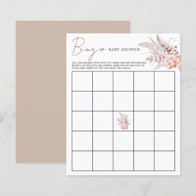 Boho Bloemen Beige Baby shower Bingo Spel (Voorkant / Achterkant)