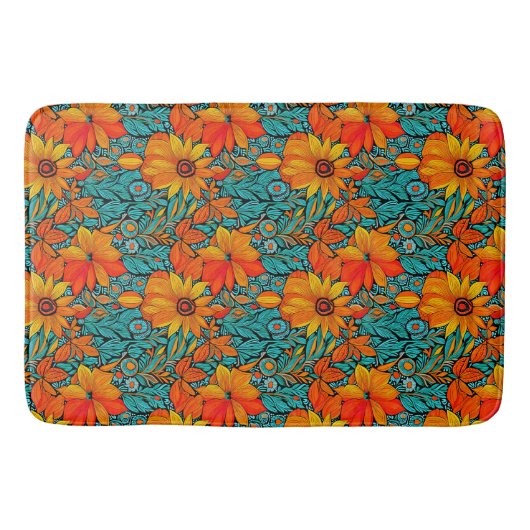Boho Bloemen Blauw en Oranje Badmat (Voorkant)