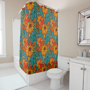 Boho Bloemen Blauw en Sinaasappel Douchegordijn