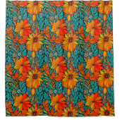 Boho Bloemen Blauw en Sinaasappel Douchegordijn (Voorkant)