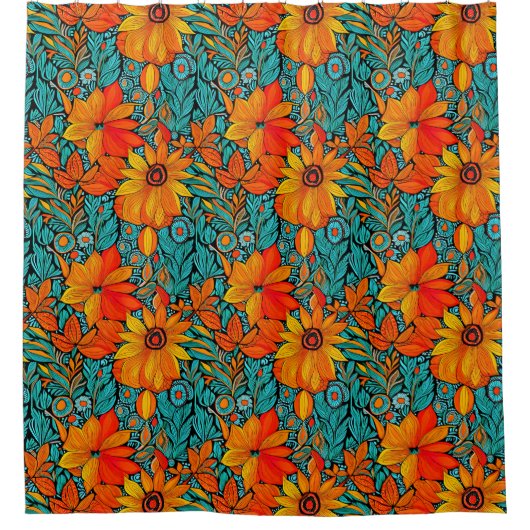 Boho Bloemen Blauw en Sinaasappel Douchegordijn (Voorkant)