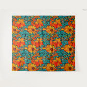 Boho Bloemen Blauw en Sinaasappel Wandkleed (Voorkant (horizontaal))