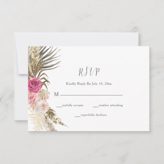 Boho Bloemen Blush Roze Bruiloft RSVP Kaartje (Voorkant)