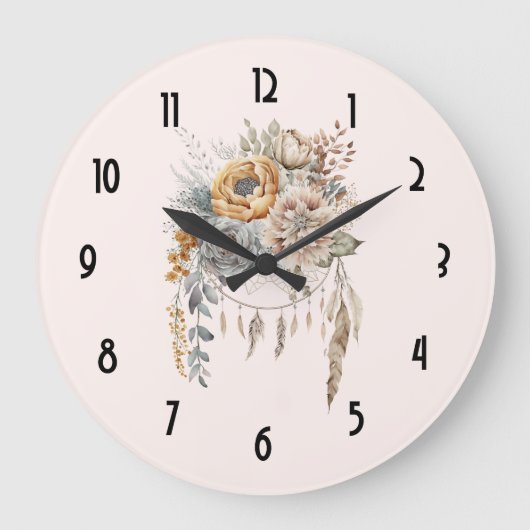 Boho Bloemen Boeket en Dreamcatcher Grote Klok (Voorkant)