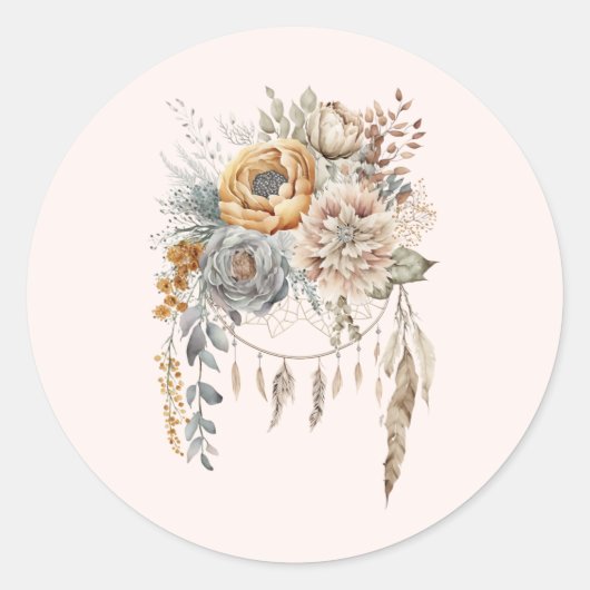 Boho Bloemen Boeket en Dreamcatcher Ronde Sticker (Voorkant)