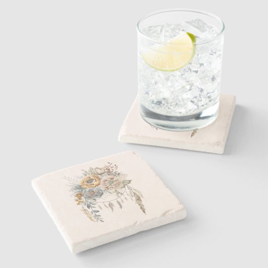 Boho Bloemen Boeket en Dreamcatcher Stenen Onderzetter (Zijkant)