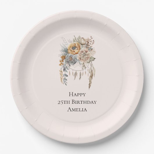 Boho Bloemen Boeket en Dreamcatcher Verjaardag Papieren Bordje (Voorkant)