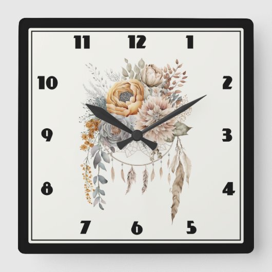 Boho Bloemen Boeket en Dreamcatcher Vierkante Klok (Voorkant)