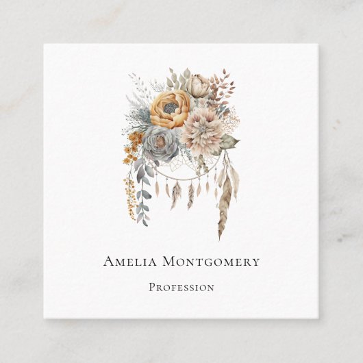 Boho Bloemen Boeket en Dreamcatcher Vierkante Visitekaartje (Voorkant)