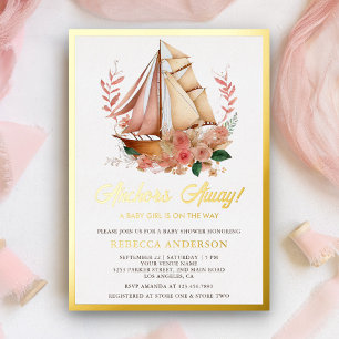 Boho Bloemen Boot Nautisch Meisje Baby Shower Goud Folie Uitnodiging
