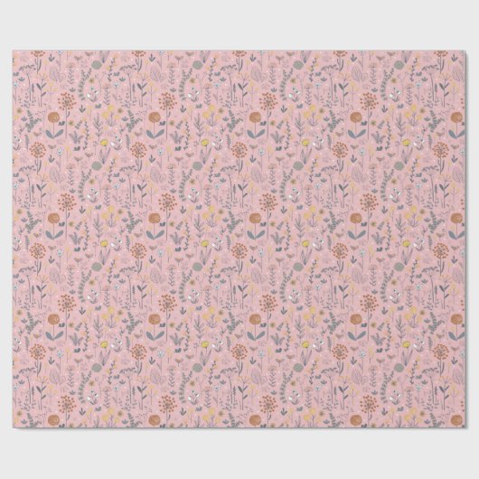 Boho Bloemen Botanische Retro Roze Cadeaupapier (Vlak)