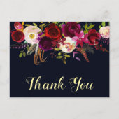 Boho Bloemen Bourgondië Navy Herfst bruiloft dank Briefkaart (Voorkant)