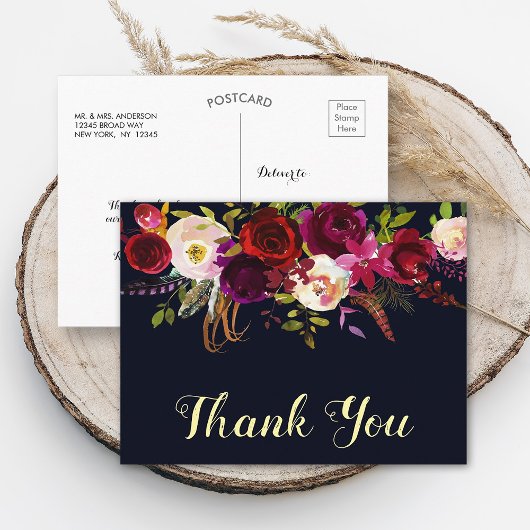 Boho Bloemen Bourgondië Navy Herfst bruiloft dank Briefkaart