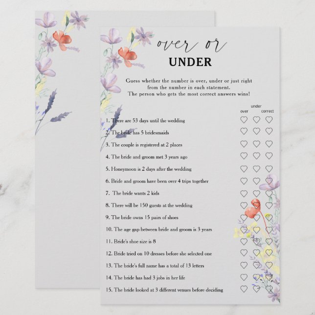 Boho Bloemen boven of onder bruidsdouche spel (Voorkant / Achterkant)