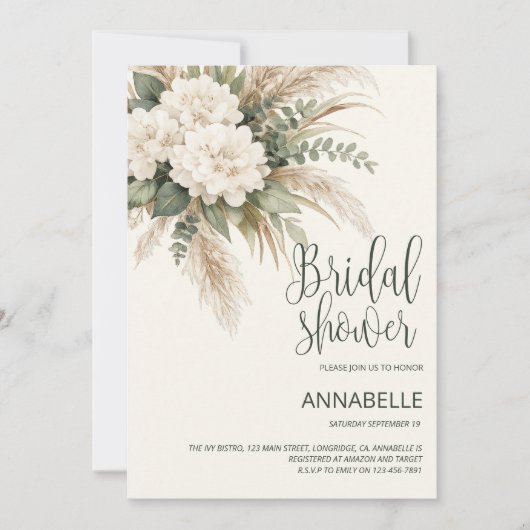 Boho Bloemen Bruidsdouche Uitnodiging Beige Pampas (Voorkant)