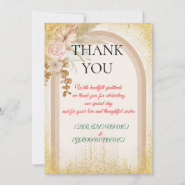 Boho bloemen bruiloft bedankkaart met gouden glans