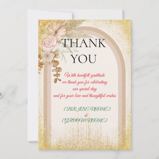 Boho bloemen bruiloft bedankkaart met gouden glans (Voorkant)