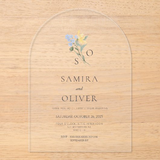 Boho bloemen bruiloft boog acryl uitnodiging (Voorkant)