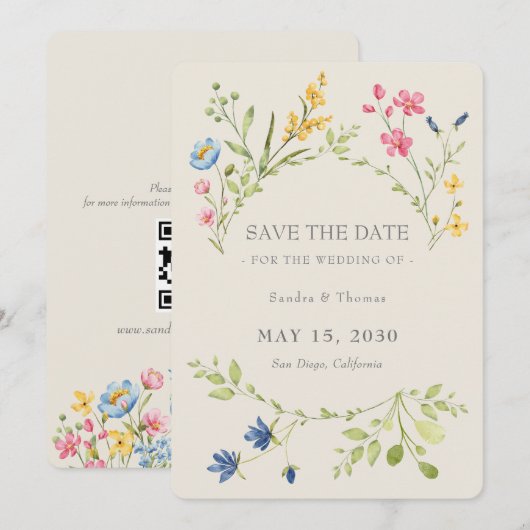 Boho bloemen bruiloft Save The Date met QR-code (Voorkant / Achterkant)