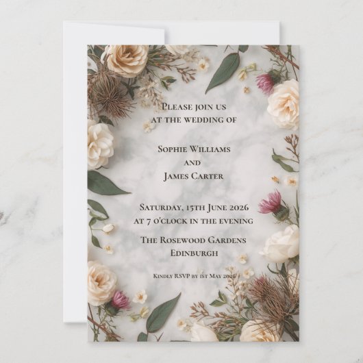 Boho bloemen bruiloftsinvatie | Crème Rozen Rome Kaart (Voorkant)