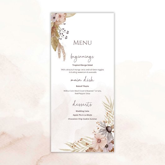 Boho Bloemen Bruiloftsmenu Menu