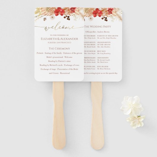 Boho Bloemen Ceremonie Programma Teken Terracotta Handwaaier (Voorkant en achterkant)