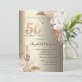 Boho Bloemen, Champagne Glas Goud 50e Kaart (Staand voorkant)