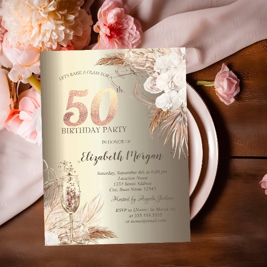 Boho Bloemen, Champagneglaas Goud 50ste Kaart