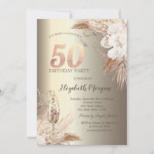 Boho Bloemen, Champagneglaas Goud 50ste Kaart (Voorkant)