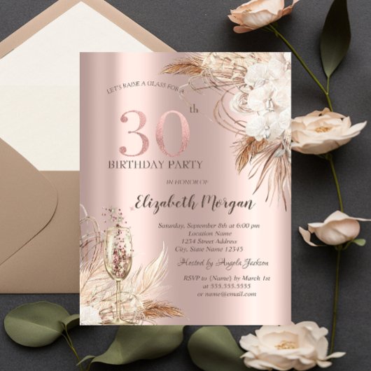 Boho Bloemen,Champagneglas,Roze Goud 30e Kaart