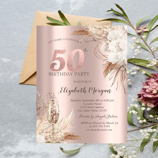 Boho Bloemen, Champagneglas, Roze Goud 50ste Kaart