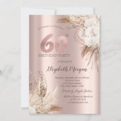 Boho Bloemen, Champagneglas, Roze Goud 60ste Kaart (Voorkant)