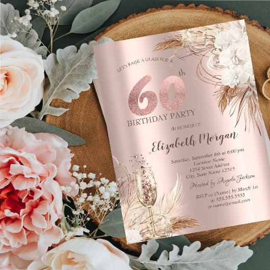 Boho Bloemen, Champagneglas, Roze Goud 60ste Kaart
