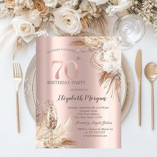 Boho Bloemen, Champagneglas, Roze Goud 70ste Kaart