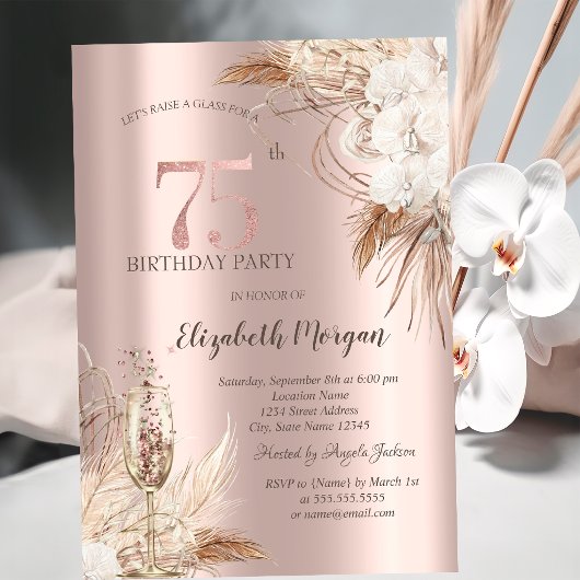 Boho Bloemen,Champagneglas,Roze Goud 75e Kaart