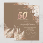 Boho Bloemen,Champagneglas,Terracotta 50e Kaart (Voorkant / Achterkant)
