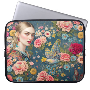 Boho Bloemen Collage met Vrouw Laptop Sleeve