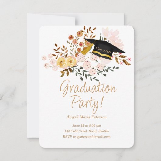 Boho Bloemen en Afstuderen Cap Party Kaart (Voorkant)